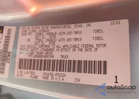 2022 Toyota Tundra Sr5 z USA, uszkodzony, nr VIN 5TFLA5AB0NX001994